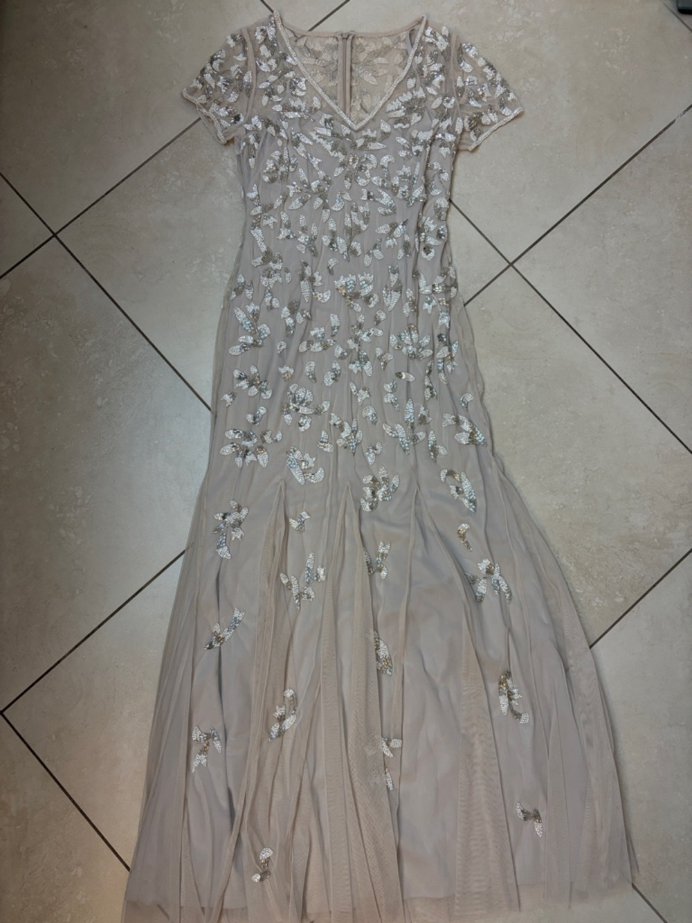 Adrianna Papell Champagne Beaded V-Neck Formal Dress
